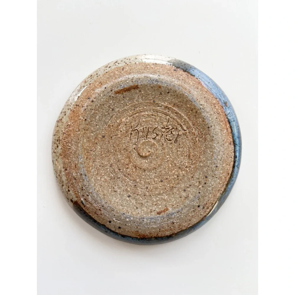 Handmade Stoneware Glazed Pottery Round Soap Dish Signed‎ Blue Cream 4.5